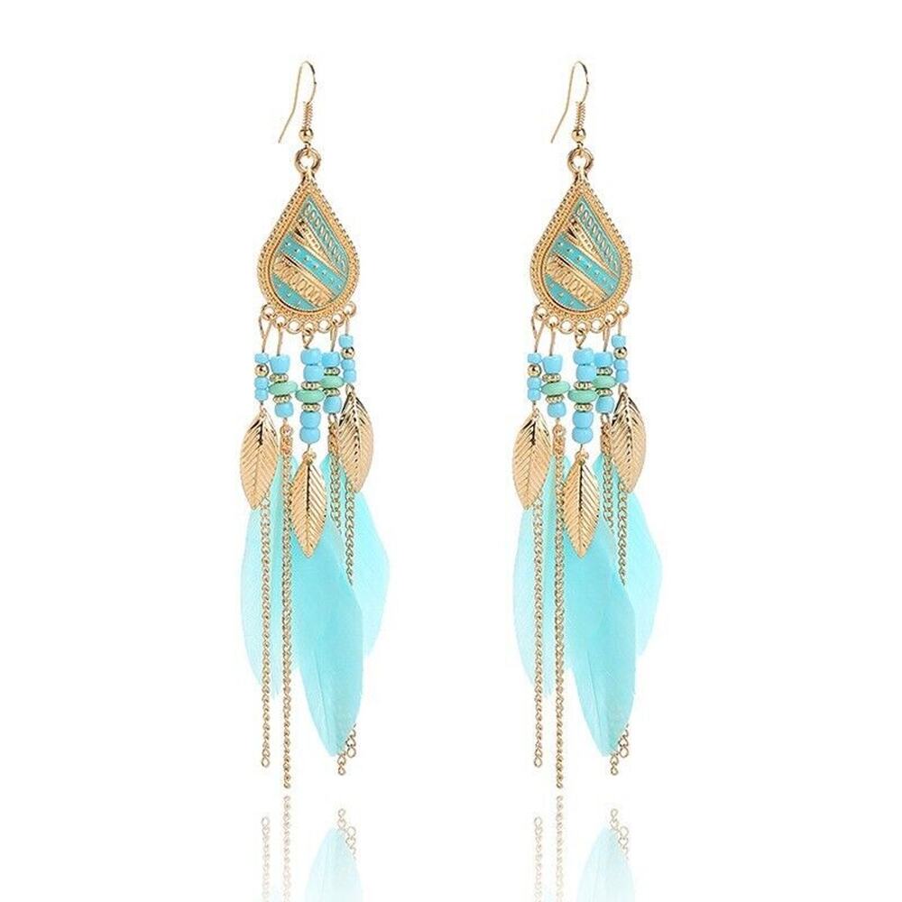 Feather Boho Rice Bead‎ Stud Long Waterdrop Tassel Earrings Hook Boho Chain Drop